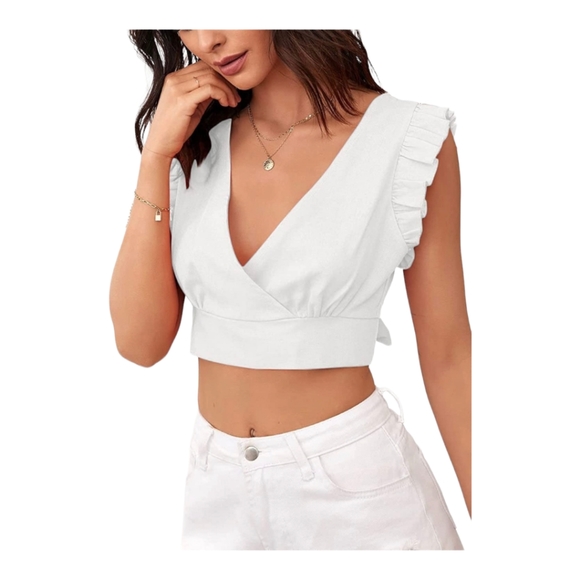 NWOT Women's ruffle v-neck sleeveless tie back crop top, XS, White - Picture 3 of 10